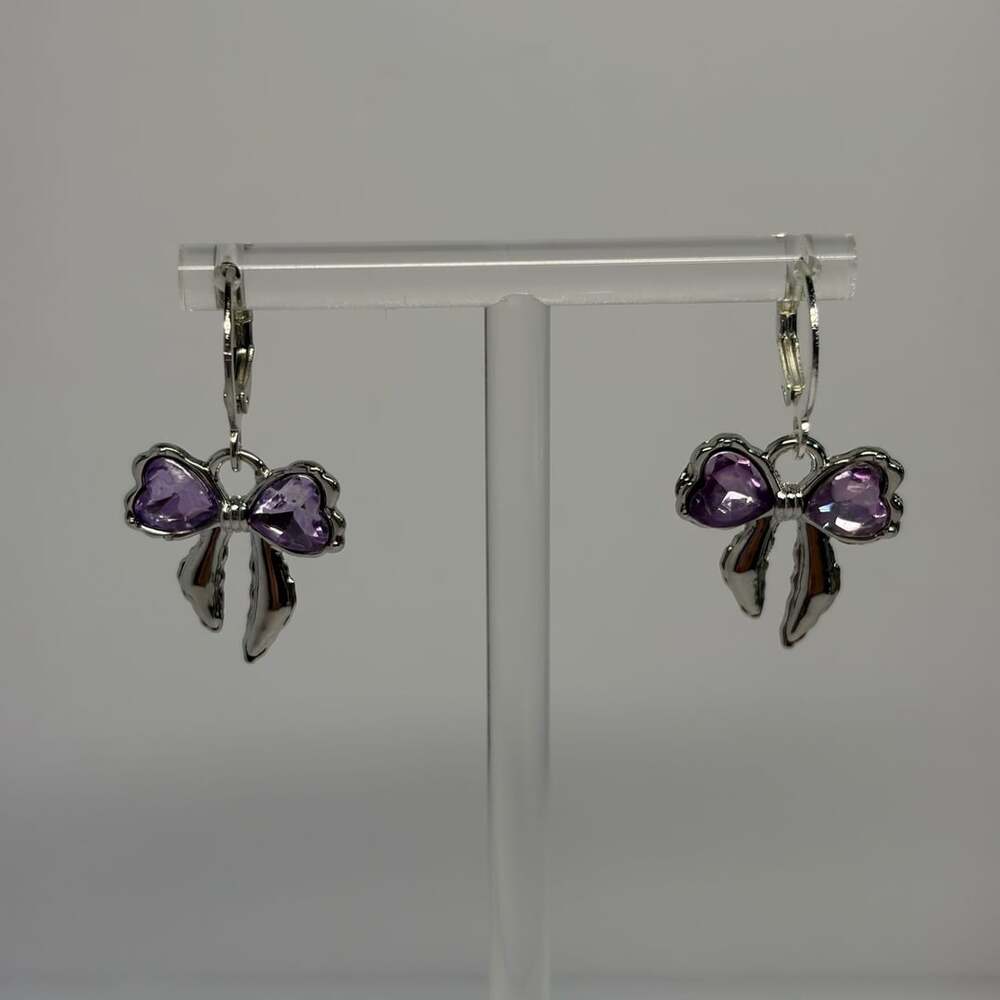 Stainless Steel Silver Tone Huggie Hoop Earrings with Purple Crystal Heart Bow D